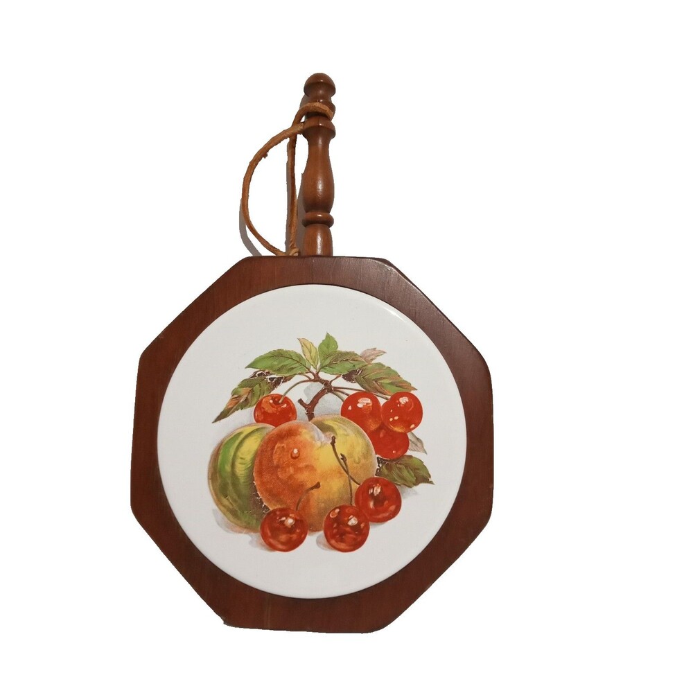 Vintage Round Ceramic Fruit Tile Trivet with Wooden Handle  1970s Apples